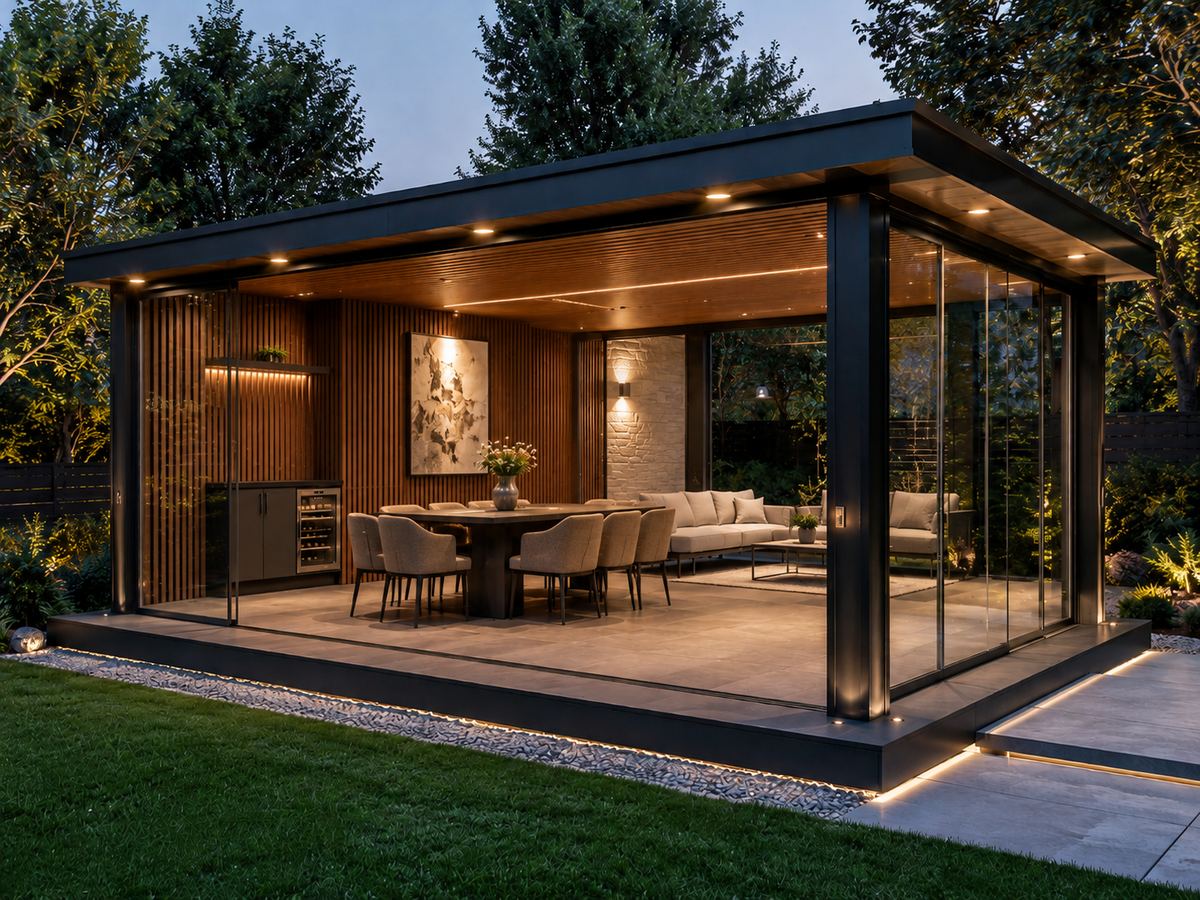 Засклена альтанка STALIUM Glass у вечірньому освітленні
